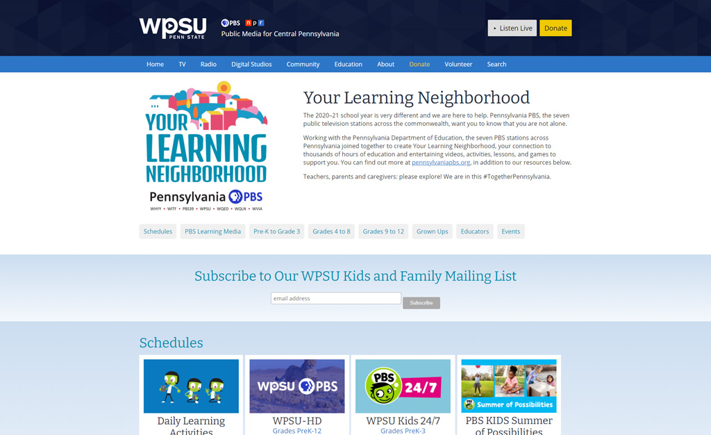 WPSU Learning at Home page